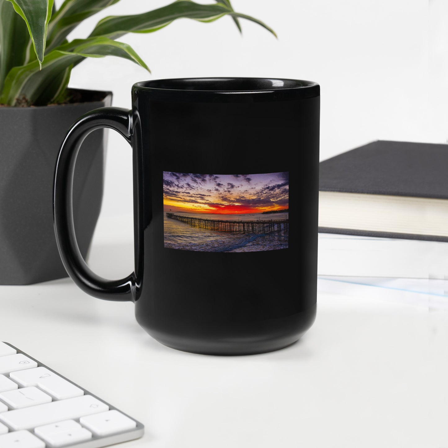 Ventura Pier Sunset Beach Mug - Savor the Enchanting Beauty of a Ventura Sunset with David Pu'u's Captivating Photography